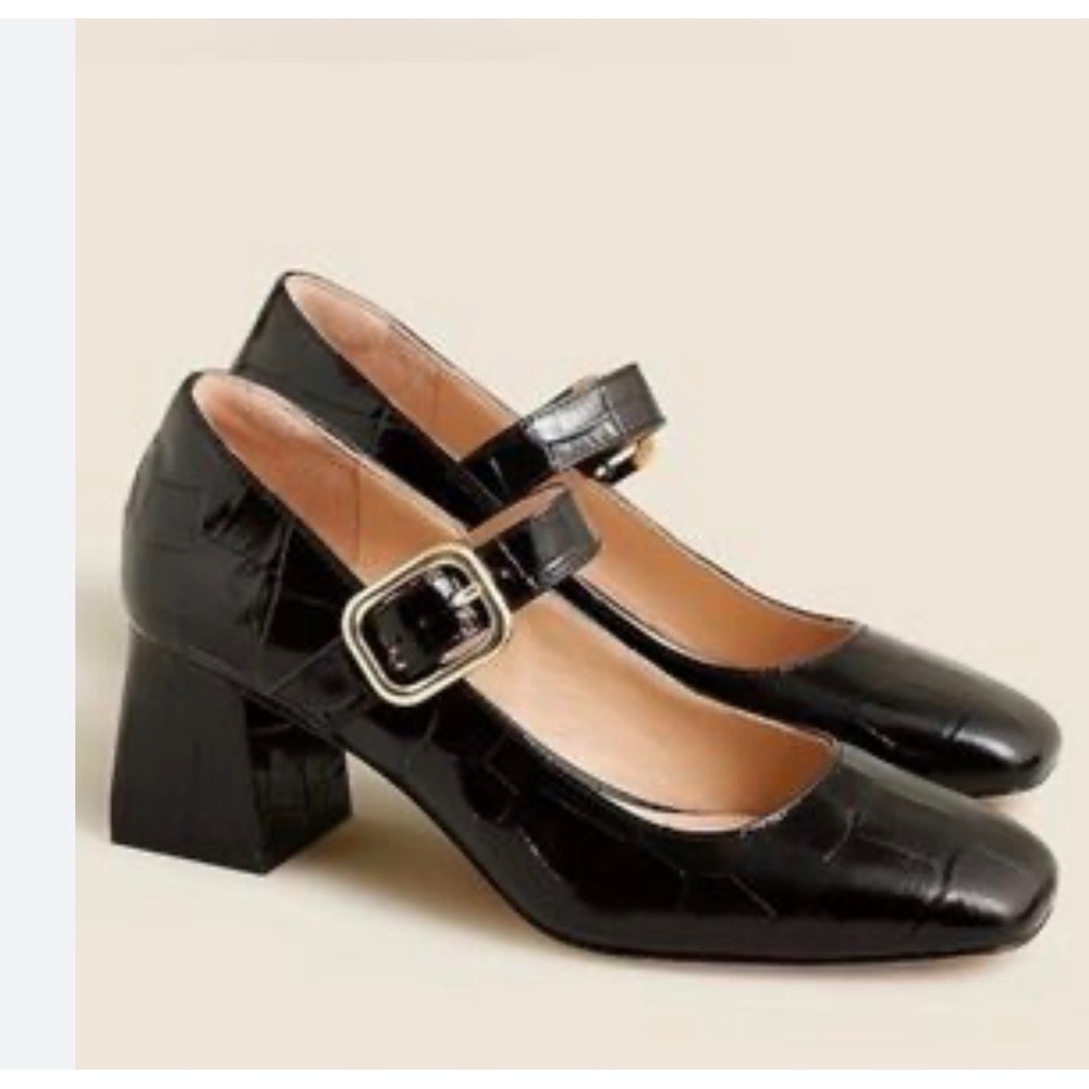 J. Crew Layne Mary Jane Heels Croc Embossed Italian Leather Black Size 7.5